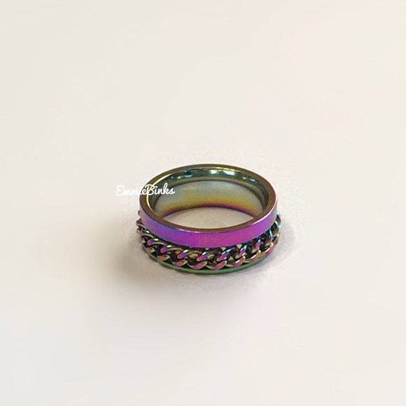 NEW SIZES 8mm Oil Slick Chain Spinner Ring Unisex Stainless Steel Roman Numerals - Picture 8 of 16